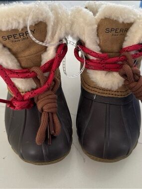 Sperry Brown Rubber & Tan Suede Duck Boots with Red Laces